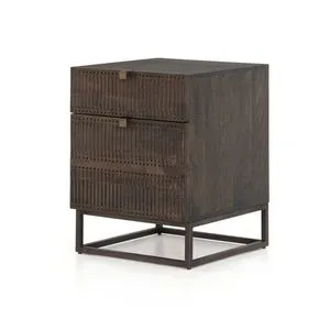 Kelby Filing Cabinet Carved Vintage Brown with linear carvings, vintage brown mango wood, slim iron base