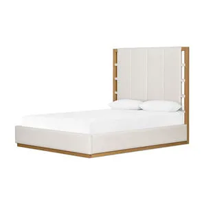 King bed with burnished solid oak plinth base and light linen-like vertical channel upholstered headboard with strap detai...