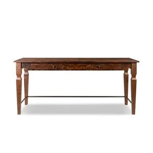 Antique-inspired walnut desk with burl top, tapered carved legs, and decorative metal stretchers