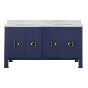 Blue linen-textured bathroom vanity with marble countertop, porcelain sink, and gold-tone circular cabinet handles
