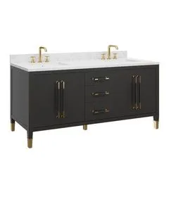 Verona 72-inch black lacquered linen bath vanity with rectangular undermount sinks and gold hardware