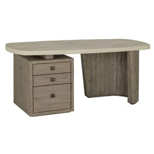 Angus reclaimed wood writing desk with wide curved base and three drawers on the left side