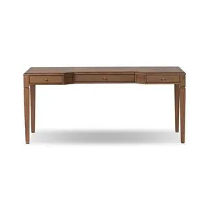Claude Desk in light tan oak with reverse breakfront, leather inset top, and three recessed drawers