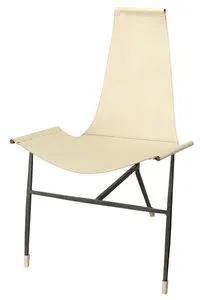Off-white leather mid-century modern style lounge chair with white canvas back and black hand-forged iron legs