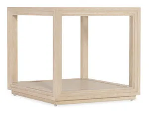 Nouveau Chic Rectangle End Table with oak veneer wood frame, sandstone finish, beveled glass top, and lower sunburst venee...