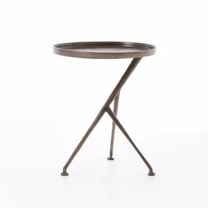 Tripod outdoor accent table with angular antique rust cast aluminum frame and round tray top