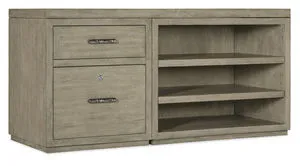 60-inch wide Linville Falls Credenza in soft smoked gray Mink finish with Oak veneers, file drawer, and open shelving