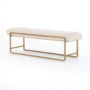 Sled Thames Cream Bench with bullnose edging, brass-finished steel frame, and cream performance fabric upholstery