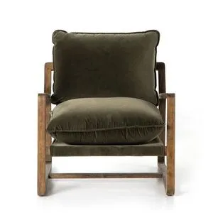 Front view of Ace Olive Green Accent Chair showing plush cushions and wood frame symmetry