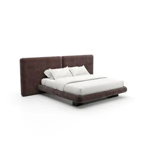 King bed with dark taupe vintage velvet upholstery, two tall rectangular padded panels, and black Nero Marquina stone base