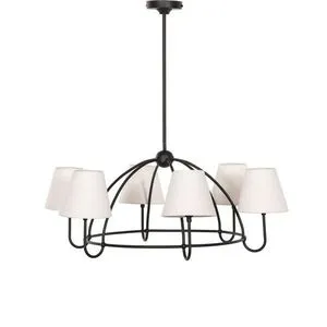 Larson Chandelier with six matte black iron arms curving upward to hold off-white linen shades around a central ball finial