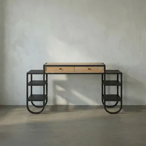 Contemporary desk with natural oak top and matte black industrial steel legs featuring two drawers and open shelves