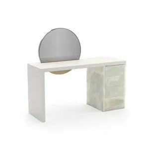 Monaco Vanity with Almond Milk rectangular top, Green Onyx desk side with drawers, and lucent bronze framed round mirror