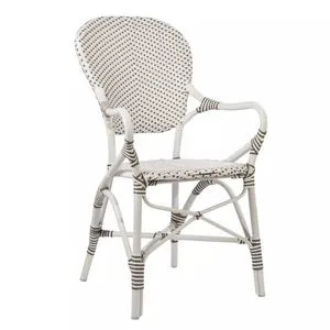 Isabell Outdoor Armchair with woven white and brown patterned seat and backrest, featuring curved armrests and tubular frame