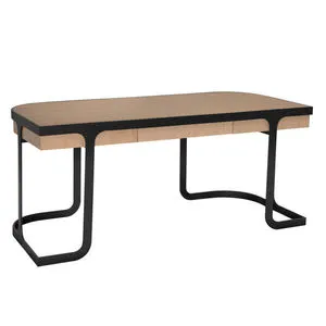 Hamilton White Oak Desk with smooth light wood surface and matte black steel frame with curved leg design