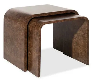 two Archives Nesting Tables in classic walnut finish with curved edges, smaller table nested under larger one