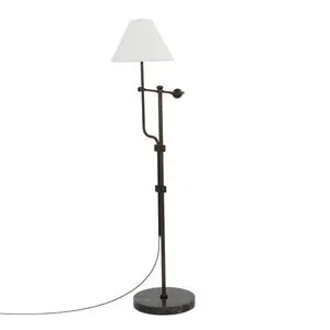Rylan floor lamp with adjustable iron frame, brown Italian marble base and ball, topped with a white cotton-blend shade