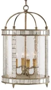 Corsica Small Silver Lantern with antiqued mirror squares and antiqued silver leaf metal frame, curved seeded glass panels