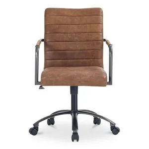 Roy office chair with channel-seamed top-grain leather upholstery, leather-wrapped armrests, iron frame, and wheeled base