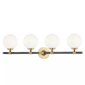 Modern 4-light bath bracket with four white globe shades and matte black and brass finish
