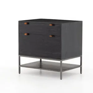 Trey Modular Filing Cabinet in black-finished poplar with two drawers, metal base shelf, and leather drawer pulls