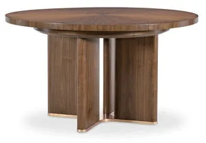 Eleana round dining table with light caramel walnut veneer starburst top and sunlit bronze pedestal base