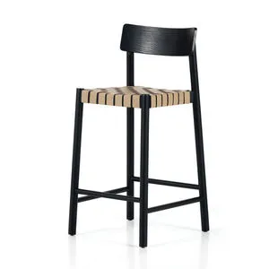 Heisler Black Bar Stool with jet black solid ash veneer frame and woven beige leather seat, contemporary angular design