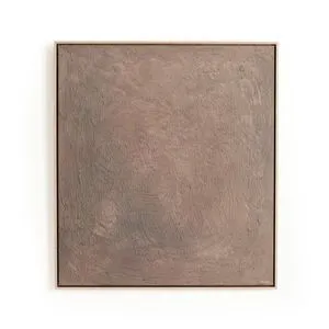 Square abstract painting in muted brown tones with heavy textured surface and thin wooden frame