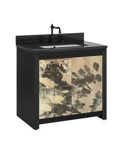 Karlson 36-inch bathroom vanity with caviar black finish, abstract patterned doors, black granite top, and rectangular und...