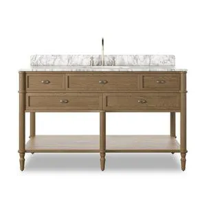 Toulouse single wide bathroom vanity with solid oak and veneer, rounded corners, tapered spindle legs, Carrara marble top,...