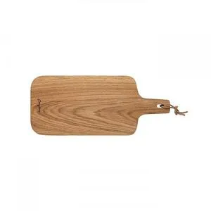 Solid oak medium cutting board with rectangular shape and handle with leather strap, smooth natural wood grain