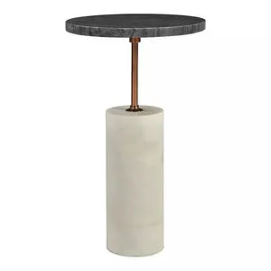 Dusk Accent Table with white marble cylindrical base, brass iron post, and round grey marble top