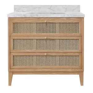 Wynn Bath Vanity with cerused oak frame, cane panel drawers, marble countertop and integrated porcelain sink