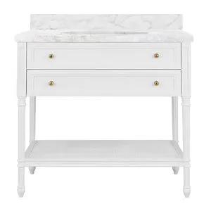 Martha Bath Vanity with white wood frame, marble countertop, porcelain sink, single drawer, and open lower shelf