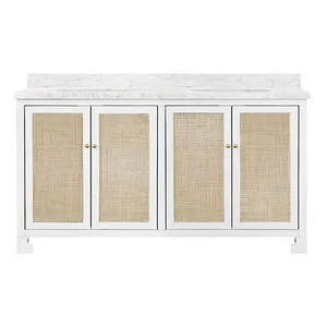 Bathroom vanity with matte white lacquer frame, cane panel doors, and white marble countertop