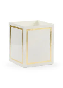 Cream metal wastebasket with metallic gold rectangular trim on each side, square open top