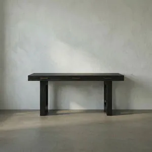 Three-drawer modern black partners desk with thick rectangular top and bold U-shaped bases