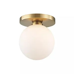Baird 1 Light Bath Bracket with aged brass circular ceiling mount and white frosted glass globe shade