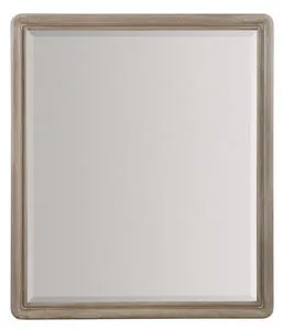 Rectangular hardwood mirror with cherry veneer frame in light brown finish and simple, classic beveled edge design