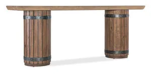 Vineyard Row Console Table with wide, light wood top and rustic wine barrel-style pedestal bases with hammered metal bands