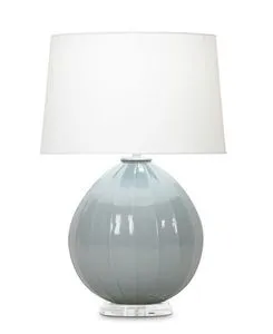 Round mouth-blown glass table lamp with muted grey-blue finish and off-white linen shade