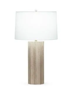 Carved column table lamp with mouth-blown sand-finished glass base and off-white cotton drum shade