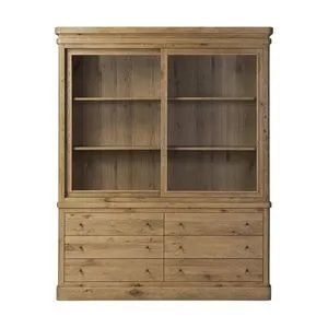 Large honey-finished oak cabinet with sliding glass doors and six drawers in traditional style