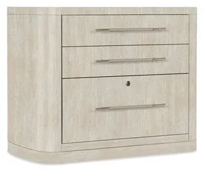Modern Mood Lateral File with warm pewter brushed metal handles, three drawers, and light wood grain finish
