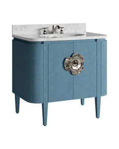 36-inch blue lacquered linen bathroom vanity with white marble countertop and oval undermount sink, brass flower door pull...
