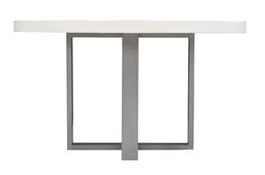 Side angle of table metal base showing rectangular hollow legs in matte gray finish
