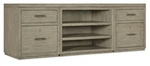 84-inch Linville Falls credenza in weathered smoked gray Mink finish with two filing drawers and open desk cabinet with sh...