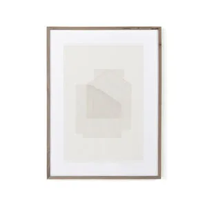 rustic walnut-hued framed mixed media artwork with layered geometric shapes on off-white background