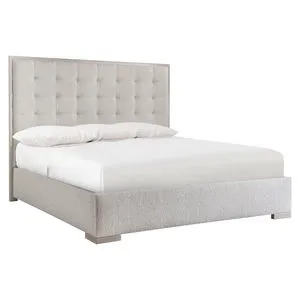 Cornelia King Panel Bed with buttonless tufted upholstered headboard and textured side panels in Nebbia wood finish