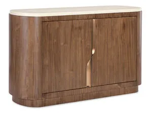 Eleana Server sideboard with curved Light Caramel walnut veneer, Sunlit Bronze handle, and honed marble top